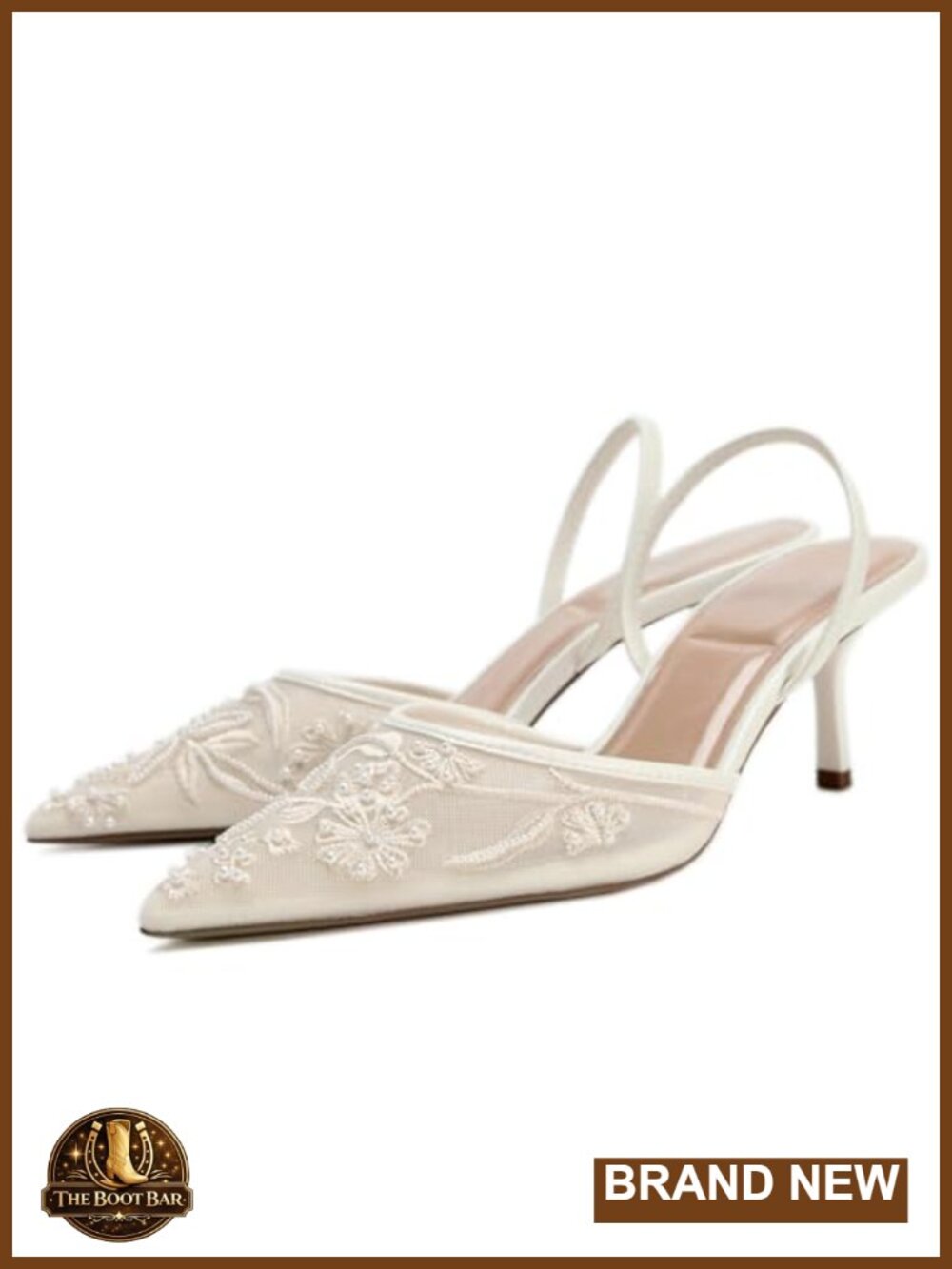 Embroidered Mesh Slingback Kitten Heels with Pearls Pointed Toe Pumps